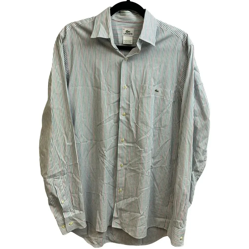 Lacoste Men's Striped Button Down Long Sleeve Shirt Alligator Logo Size 38
